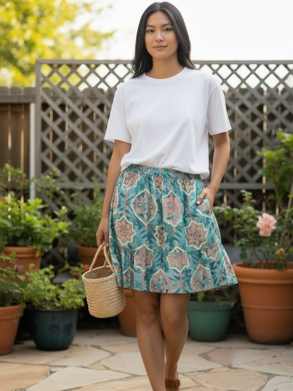 Women’s Teal Floral Print A-Line Skirt